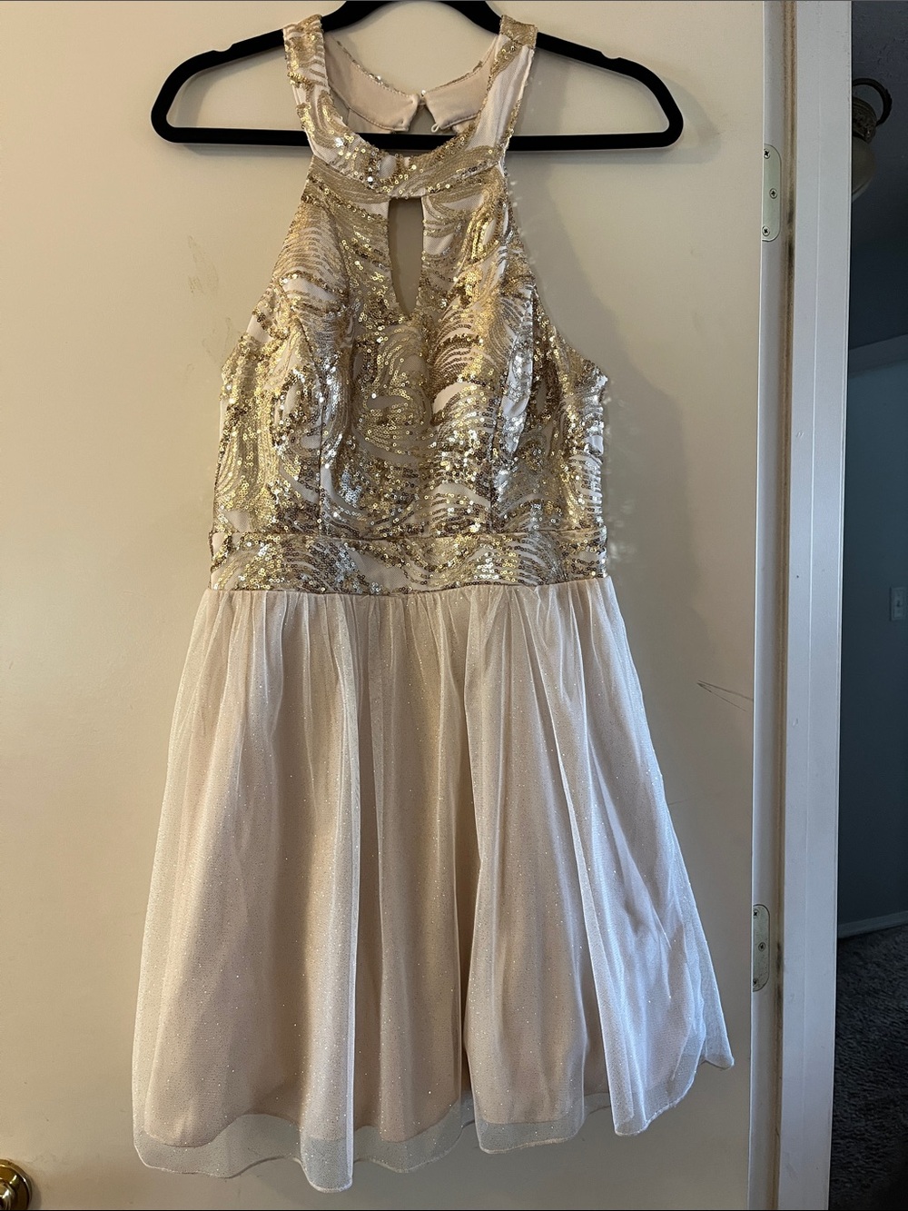 Xtraordinary Gold and Cream Sequin Halter Formal Dress - Picture 3 of 5